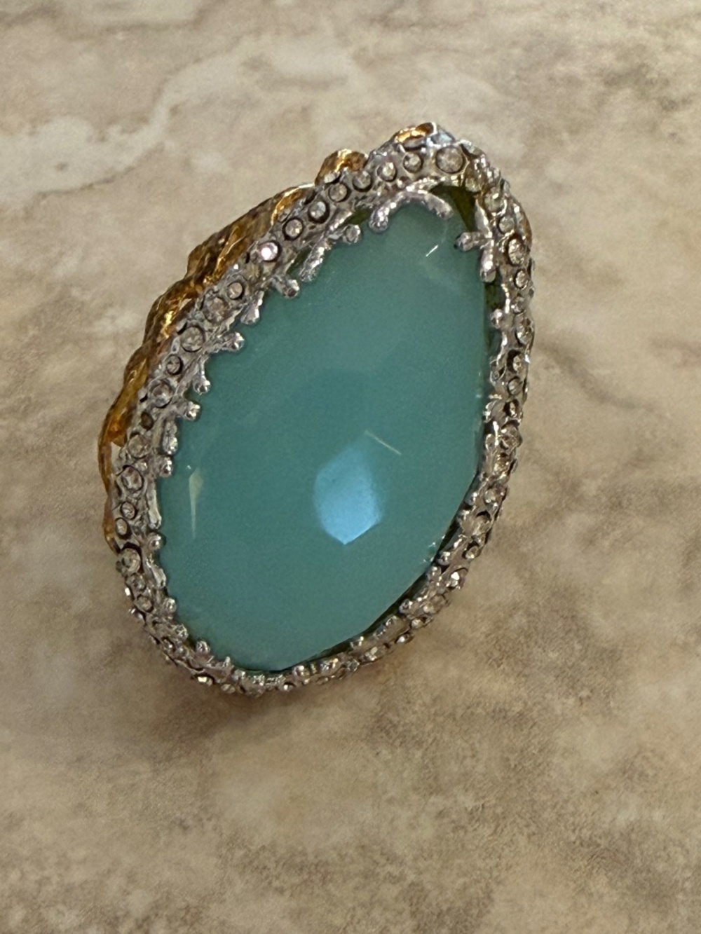 Alexis Bittar sky blue stone, silver with crystals and gold band statement ring